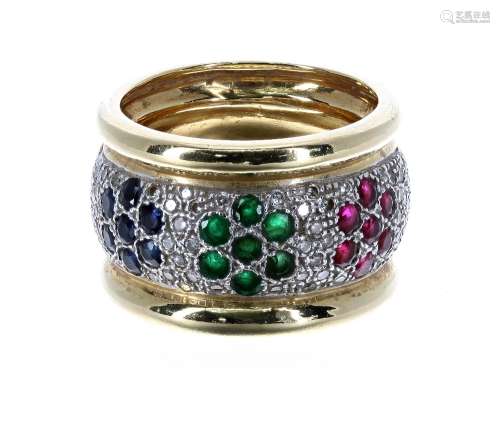 18ct yellow diamond, sapphire, ruby and emerald band ring, with three floral clusters on a diamond