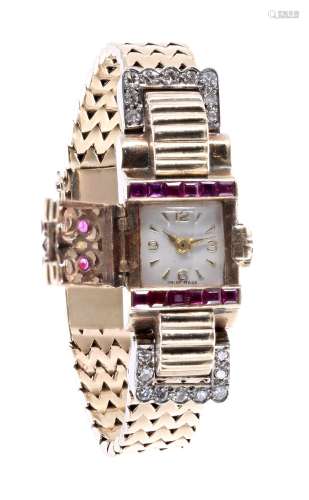 Wittnauer ruby and diamond 9ct yellow gold lady's cocktail watch, the case with a hinged cover and