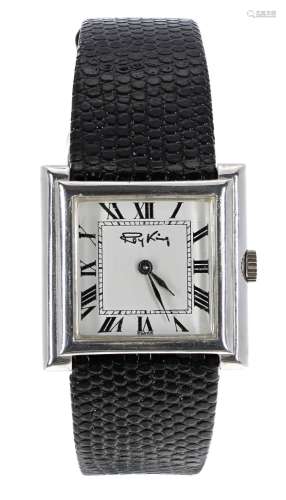 Roy King silver (925) square cased gentleman's wristwatch, hallmarked London 1975, square white dial