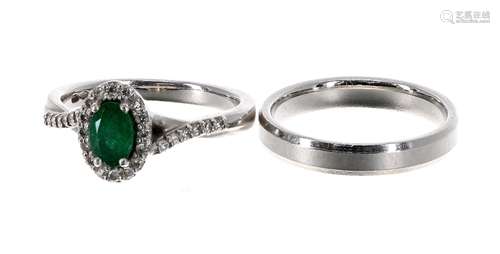 Platinum emerald and diamond cluster ring, cluster 9mm x 7mm, 5gm, ring size K/L; together with a