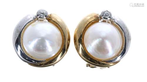 Pair of 9ct bicolour Mabé cultured pearl and diamond set earrings, Omega backs, 11.3gm, 19mm