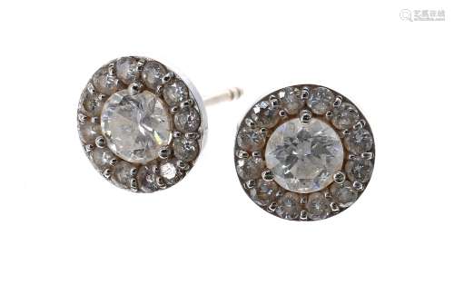 Pair of white gold round brilliant-cut diamond cluster earrings, approx 0.90ct, clarity SI, colour