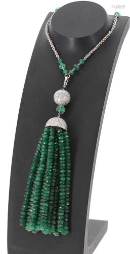 14ct white gold emerald and diamond tassel necklace, 101.68gm, drop 25.5