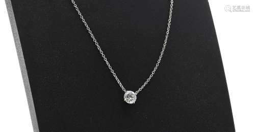 18ct white gold diamond solitaire pendant on necklace, round brilliant-cut, 0.40ct approx, clarity