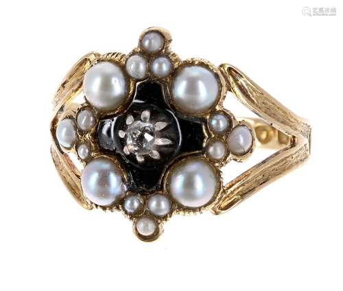 Victorian 18ct pearl, diamond and black enamelled ring, the central single diamond surrounded by