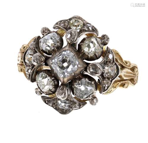 Impressive antique old-cut diamond cluster ring with engraved foliate shoulders, estimated 1.86ct