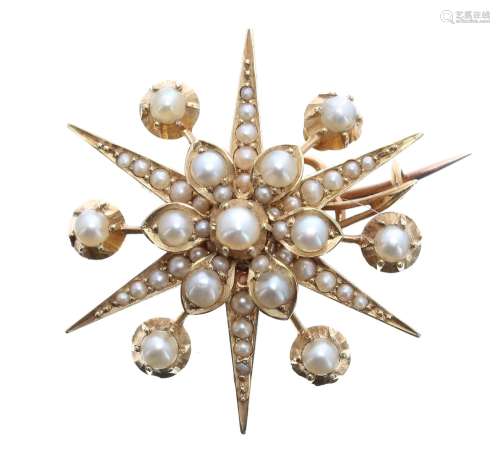 Attractive Edwardian seed pearl star yellow metal brooch, 9gm, 34mm