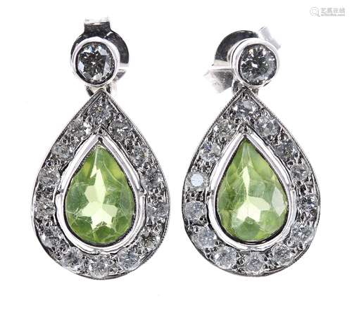 Pair of 9ct white gold diamond and peridot pear shaped drop earrings, 0.95ct approx, post backs, 3.