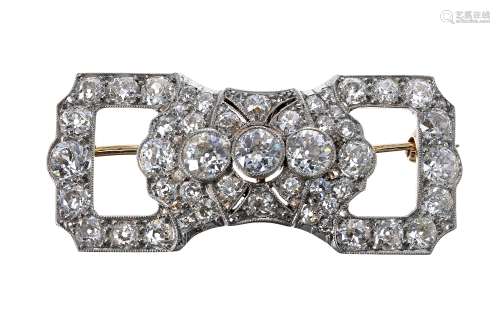 Fine Art Deco old-cut diamond openwork brooch, the three central diamonds 1.10ct approx, clarity SI,