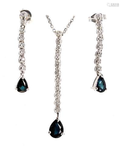 Modern 14ct white gold diamond and sapphire earring and pendant set, earring drop 25mm approx,