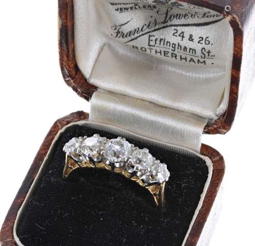Good quality five stone old-cut diamond ring, in yellow gold with a white metal claw setting, 1.50ct