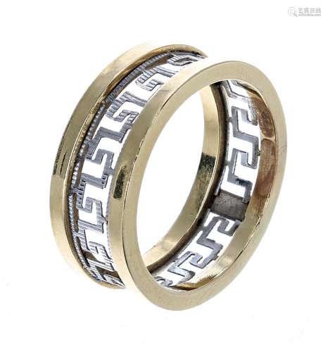 Two-tone 18ct band ring with a key design centre band, 9mm, 3gm, ring size S (138586-4-A)