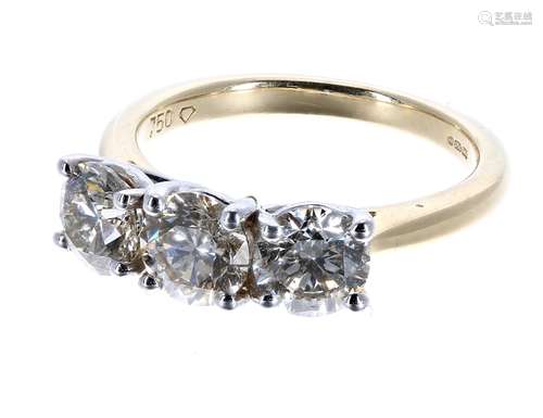 Good 18ct gold three stone diamond ring, round brilliant-cut, 2.14ct approx, clarity VS2-SI1, colour