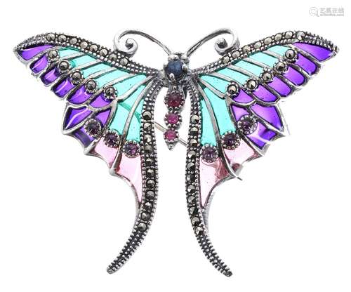 Silver brooch in the form of a butterfly, with sapphire, ruby, marquisette and plique á jour, 12.