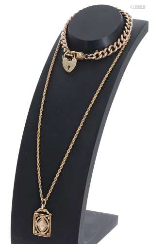 Heavy 9ct curb link bracelet with a padlock clasp, 36.9gm; together with a 9ct rope necklet and