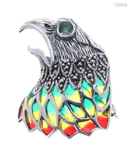 Silver brooch in the form of an eagle, set with an emerald eye, marquisette and plique á jour, 8.