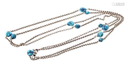 Good 9ct turquoise set guard chain, with belcher links and set with eleven turquoise, 27.4gm, 64