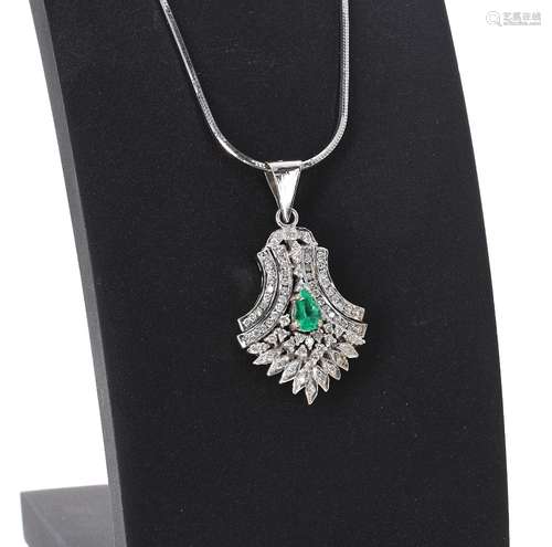 18ct white gold emerald and diamond set pendant on necklet, single pear shaped emerald 0.55 ct,