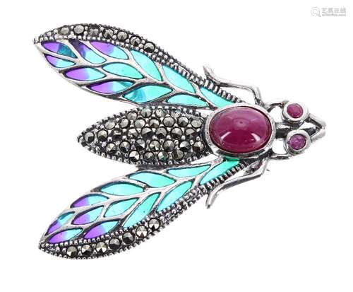 Silver brooch/pendant in the form of a fly, set with cabouchon ruby, ruby eyes marcasite and