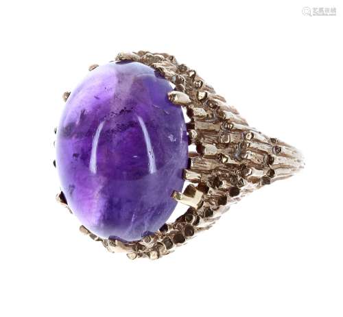 9ct amethyst cabouchon ring in the manner of Andrew Grima, London 1970, the amethyst 16mm x 12mm,