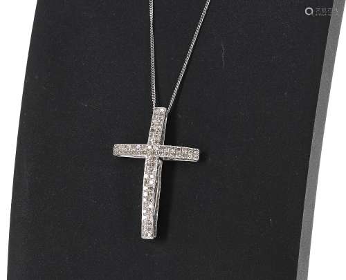 9ct white gold diamond cross on chain, round brilliant-cuts 0.50ct, 3.3gm, the pendant 32mm x