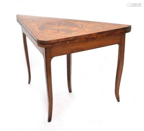 18th century South German beech, walnut and fruitwood triangular fold-over games table, the