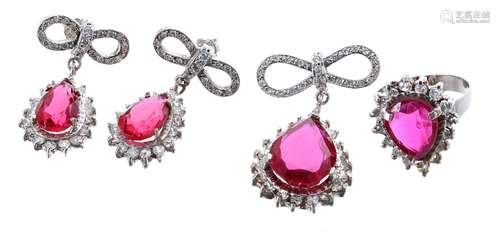 18ct white gold synthetic ruby and diamond ring, pendant and earrings set, with bow design crests,