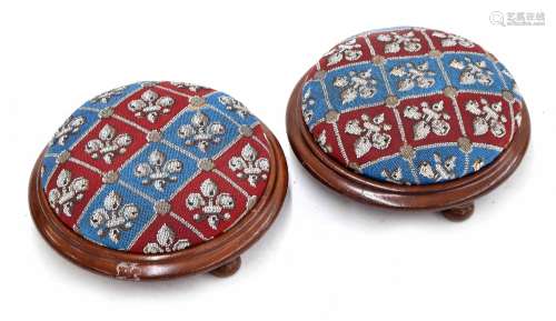 Pair of Victorian circular mahogany beadwork foot stools, the adjustable revolving inserts each