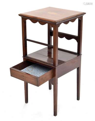 19th century square mahogany inlaid two tier washstand, the top with an oval conch shell paterae
