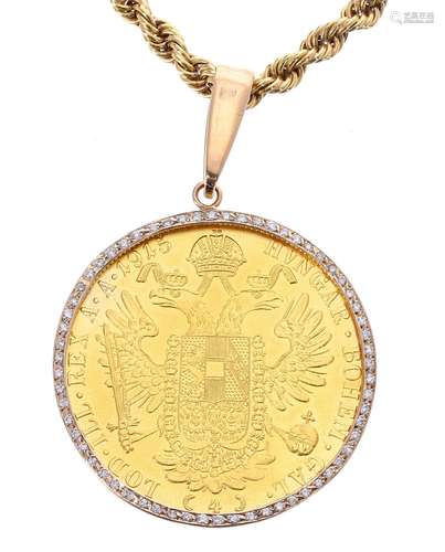 18ct rope link bracelet with an Austrian four Ducat coin mounted with diamonds, 28gm, the pendant