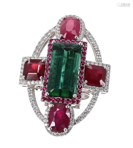 Large and impressive 18ct white gold diamond, ruby and tourmaline ring, 46mm x 33mm, 21.7gm, ring
