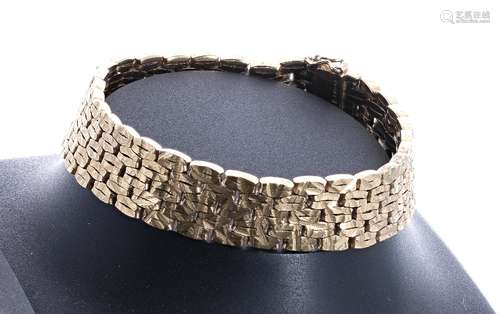 9ct yellow gold textured bracelet, London 1969, width 13mm, 40.4gm, 7.25