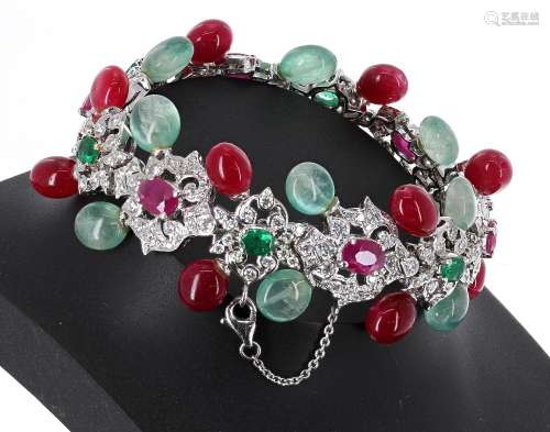 White gold diamond, ruby and emerald bracelet set with green hardstones, 46.1gm, 7.5