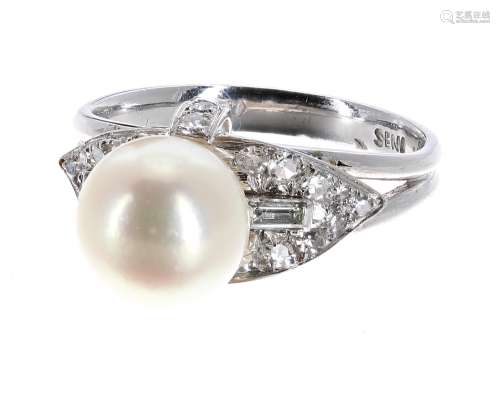 Attractive platinum cultured pearl and diamond ring, the central pearl of good lustre measuring