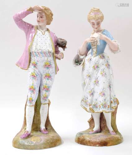 Pair of late 19th century German porcelain figures in the manner of Meissen, modelled as a gentleman