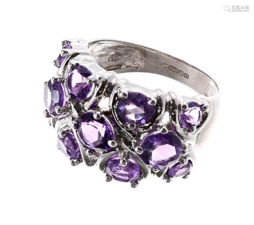 Modern fancy 9ct white gold amethyst dress ring, width 13mm, 4.6gm, ring size K