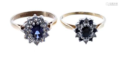 9ct sapphire and diamond cluster ring; also another 9ct cluster ring, 4.3gm (2)