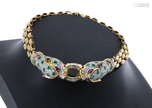 18ct emerald, ruby and diamond set leopard head bracelet, 18.1gm, width 11.5mm, the clasp numbered