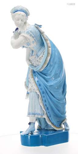 Good large Late 19th century porcelain figure of a dancing lady, in a ball gown holding a mask, pale