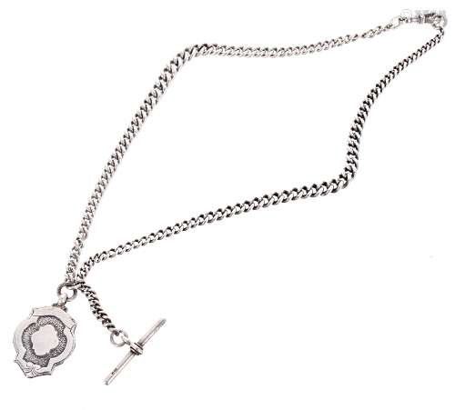 Silver graduated curb double Albert chain with silver medallion, T-bar and clasp, 44.9gm, 19.5''