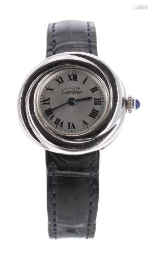 Must de Cartier Trinity silver lady's wristwatch, ref. 2439, serial no. PL43xxx, leather strap