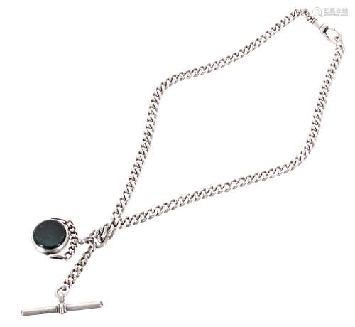 Silver curb Albert chain with silver mounted cornelian and bloodstone swivel fob, silver T-bar and