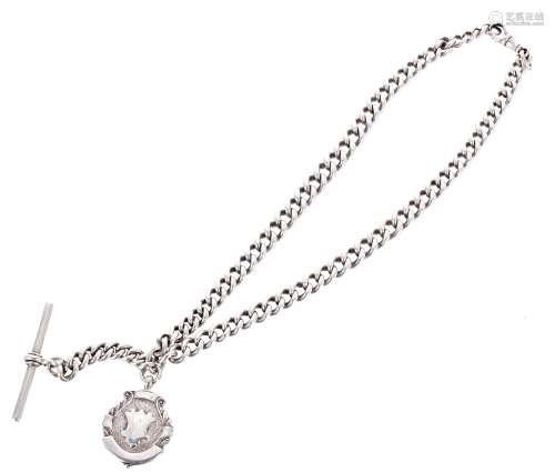 Silver graduated double Albert chain with silver medallion, T-bar and clasp, 65.7gm, 17.5'' long
