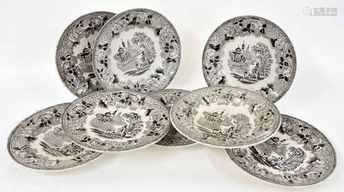 Seven Marshall & Co. Bosphorus transfer printed plates and a bowl, 9.25