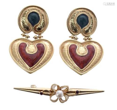 Pair of 18ct and enamel earrings and a pearl set brooch, 20gm, the brooch 68mm (3) (6787-1-)