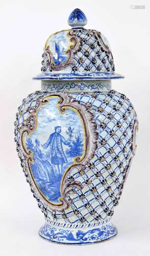 Dutch Delft baluster vase and cover in De Porceleyn Bijl Pottery style, with basket weave textured