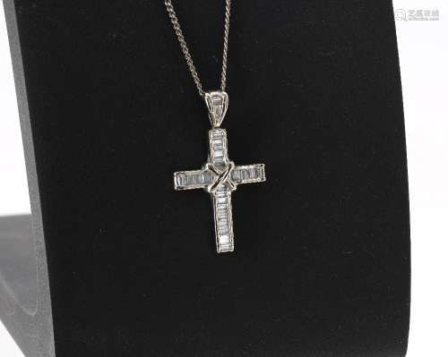 18ct white gold baguette diamond set cross pendant on a necklace, 6.3gm, the pendant 31mm x 18mm (
