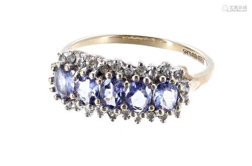 9ct tanzanite and diamond dress ring, width 8mm, 2.7gm, ring size N