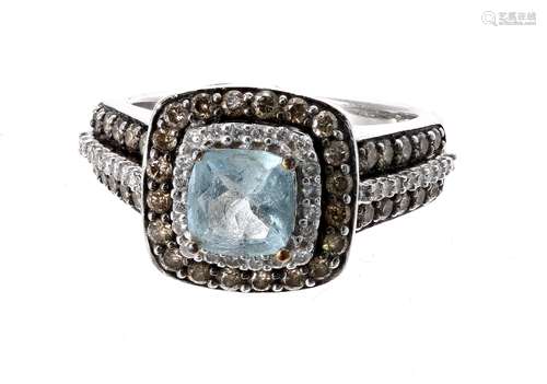 14ct white gold white and tinted diamond and aquamarine ring with set shoulders, 12mm, 7.9gm, ring