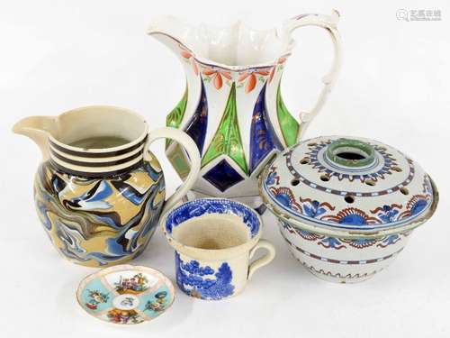 Small collection of assorted pottery; including a Mocha ware type jug with banded rim, 4.5